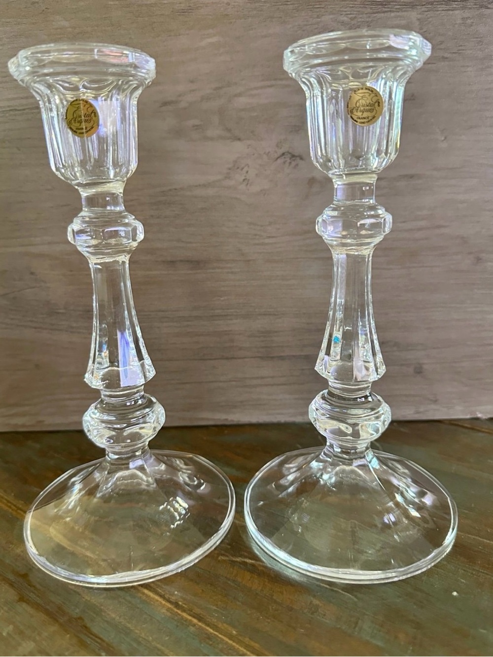 Pair of Cristal d’Arques France Lead Crystal Candlestick Holders Vintage